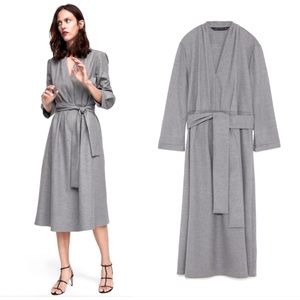 ZARA  WOMAN PLEATED MIDI DRESS V-NECK BELT GREY.